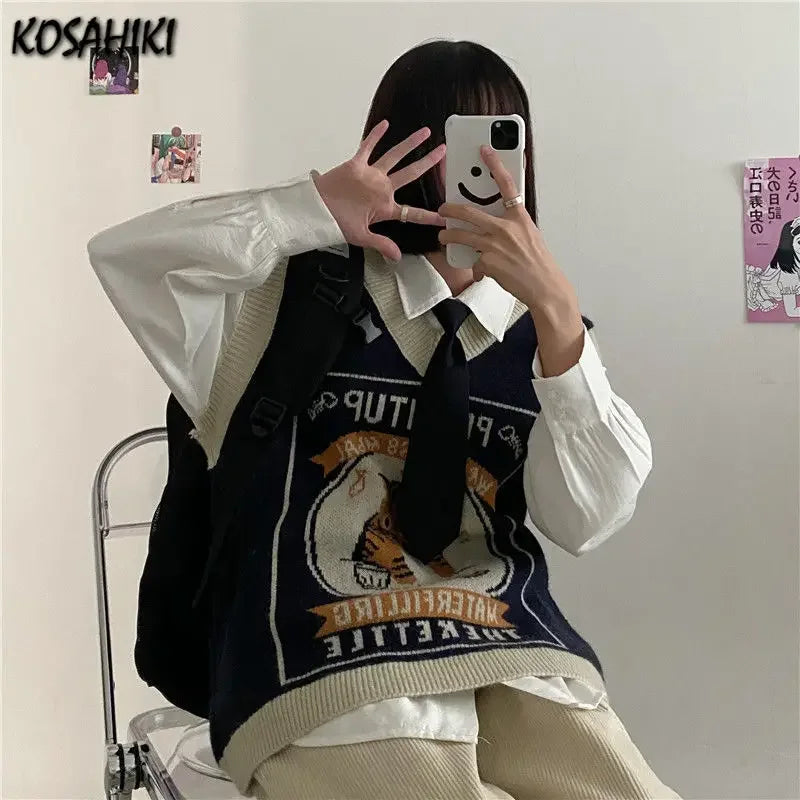 KOSAHIKI Sweater Vest Women Kawaii Cat Waistcoat Streetwear Knitting Chic Fashion College All-match Harajuku Y2k Vests Chandails