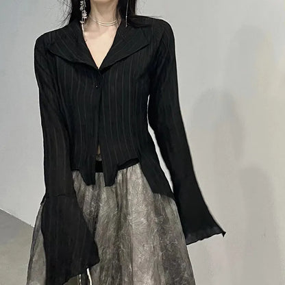 Gothic Women Black Shirts Korean Dark Academic Female Designed Irregular Tops Spring Fashion Streetwear Y2K Blouse