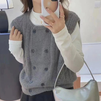 Autumn Winter Round Neck Double Breasted Knitted Vest Ladies Loose Casual All-match Cardigan Tank Top Women Sleeveless Sweater