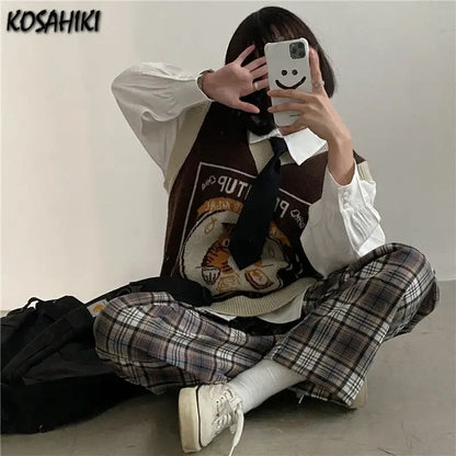 KOSAHIKI Sweater Vest Women Kawaii Cat Waistcoat Streetwear Knitting Chic Fashion College All-match Harajuku Y2k Vests Chandails