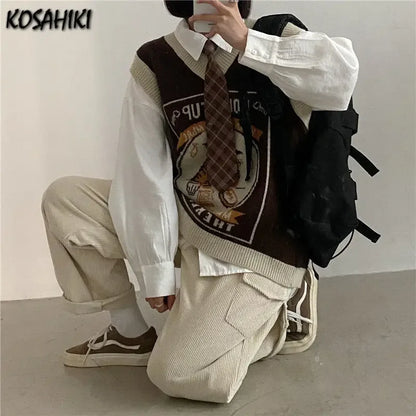 KOSAHIKI Sweater Vest Women Kawaii Cat Waistcoat Streetwear Knitting Chic Fashion College All-match Harajuku Y2k Vests Chandails