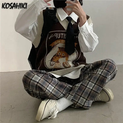 KOSAHIKI Sweater Vest Women Kawaii Cat Waistcoat Streetwear Knitting Chic Fashion College All-match Harajuku Y2k Vests Chandails